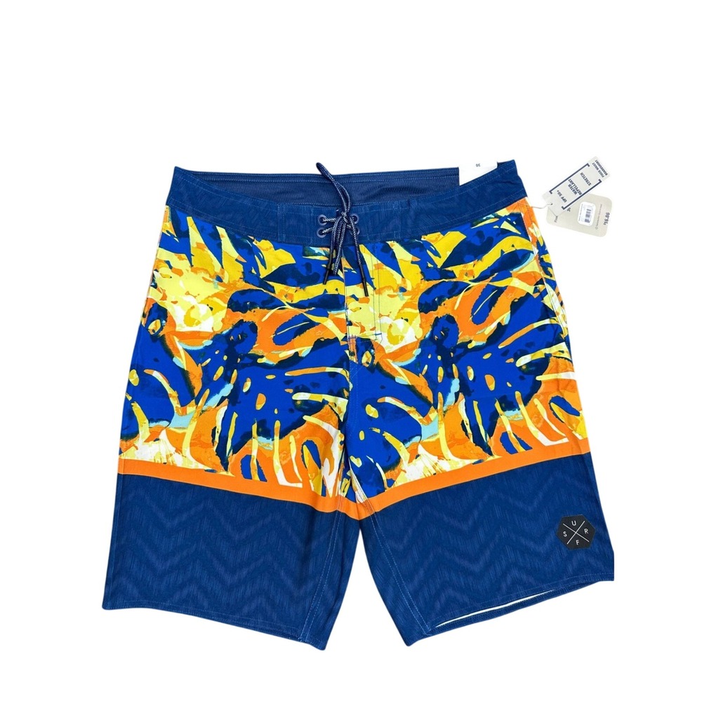 George Mens Tropical Monstera Boardshorts Blue OrangeYellow Size 30 NWT 9 Inseam
